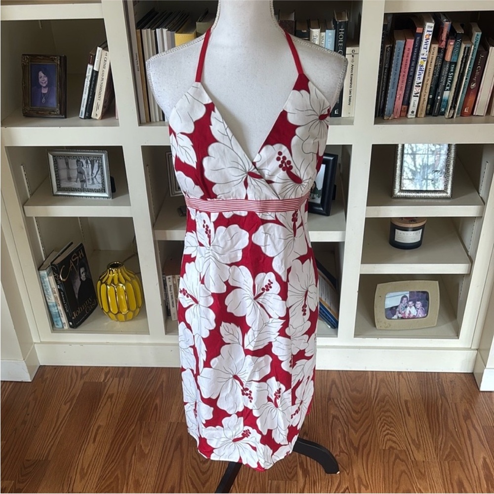 A Pea in the Pod Red and White Floral Maternity Halter Dress Size Small